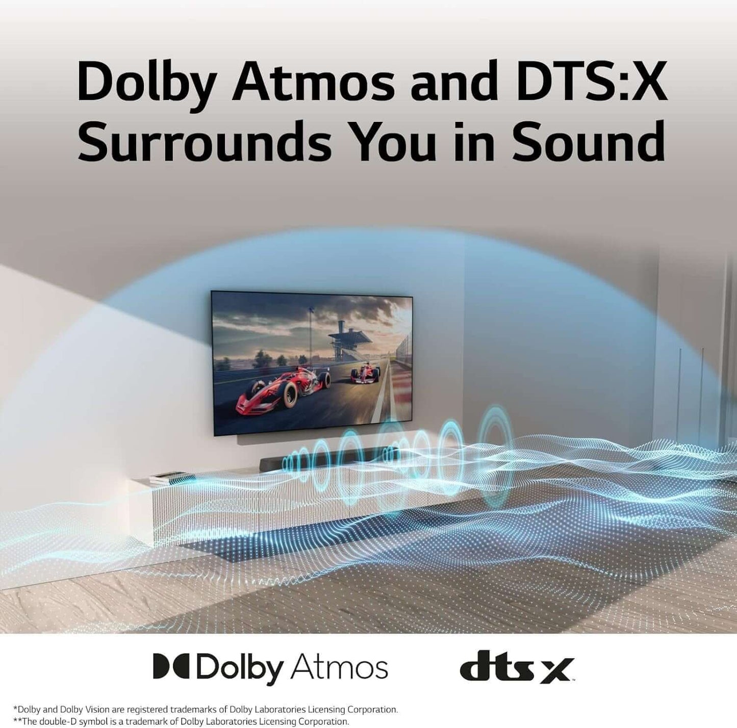 Dolby Atmos and DTS:X Surrounds You in Sound with visual representation of immersive audio technology.