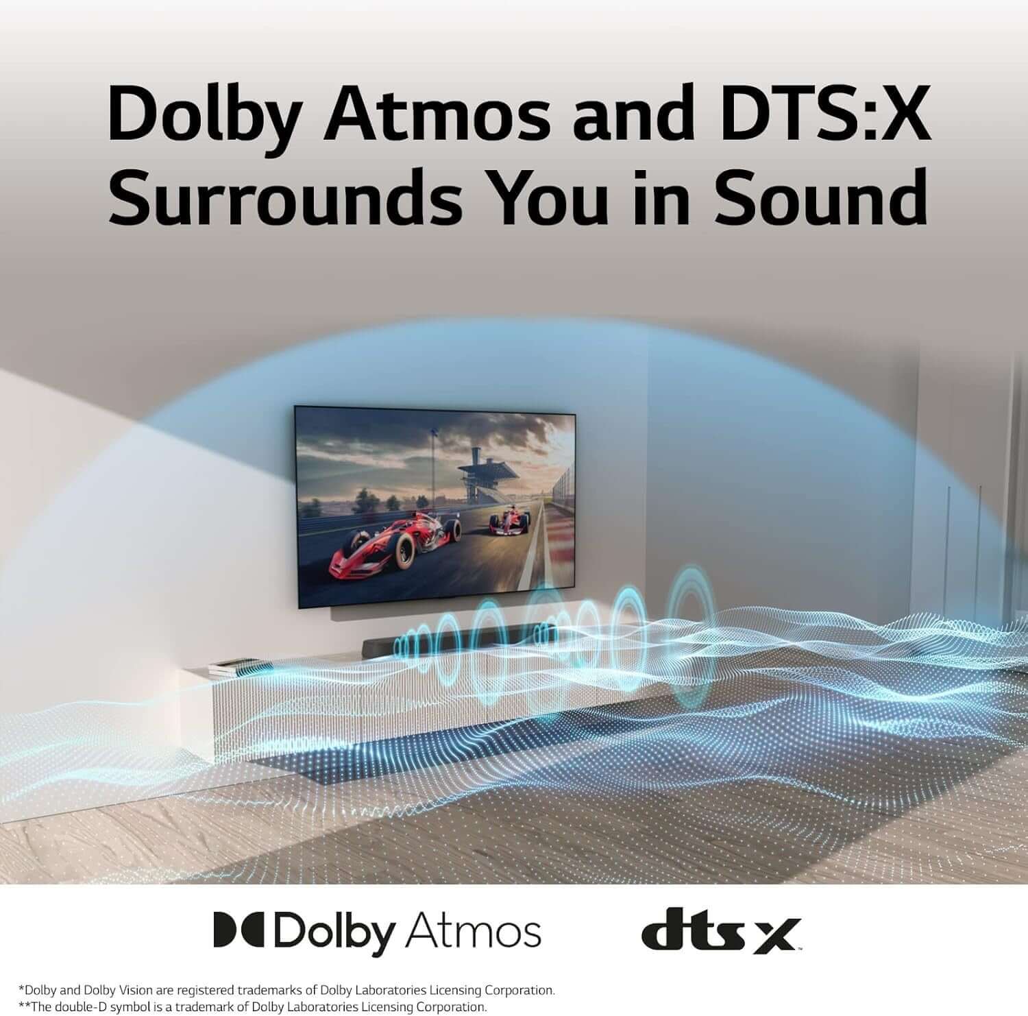 Dolby Atmos and DTS:X Surrounds You in Sound with visual representation of immersive audio technology.