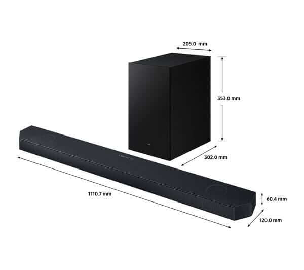SAMSUNG HW-Q700C 3.1.2 wireless soundbar and subwoofer with dimensions displayed.