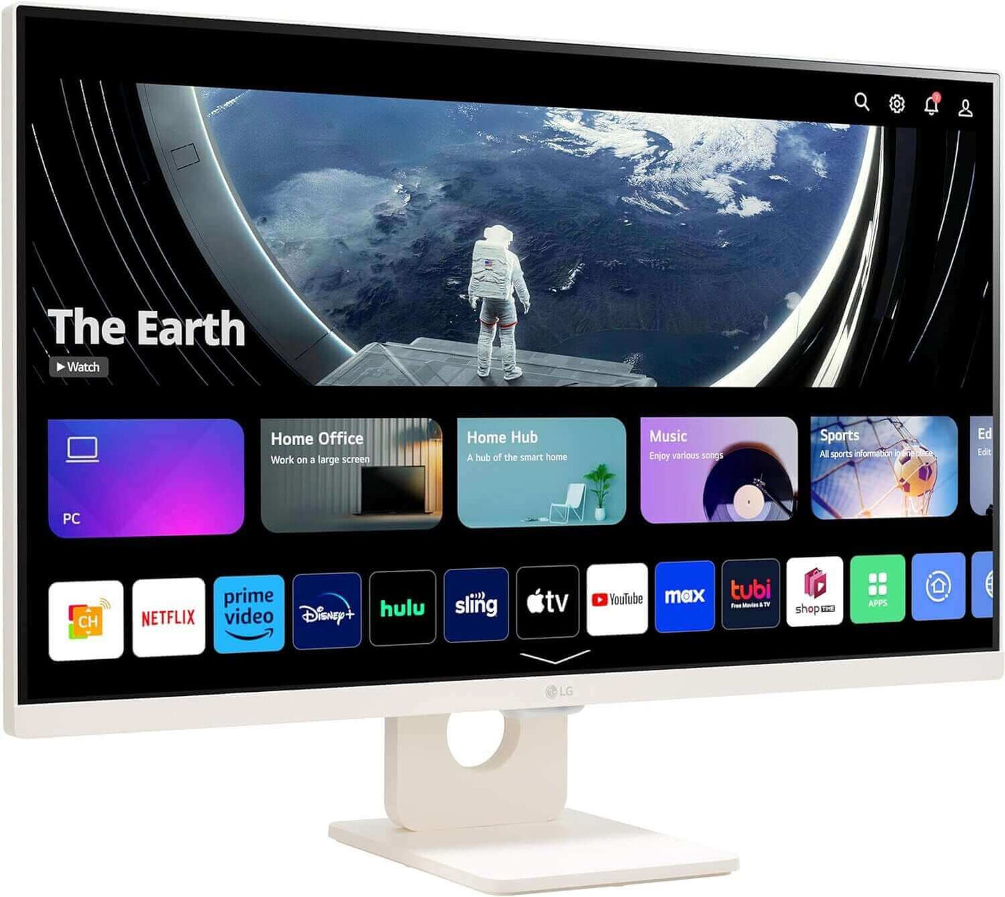 LG MyView 27" Smart Monitor displaying streaming apps and earth view, ideal for home office or entertainment.