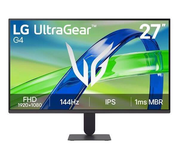 LG ULTRAGEAR 27G411B-B monitor displaying FHD 1920x1080, 144Hz refresh rate, IPS technology, and 1ms response time.