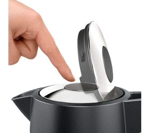 BOSCH DesignLine Ergo TWK5P475GB 3000W 1.7L JUG KETTLE BLACK & ANTHRACITE lid mechanism being opened