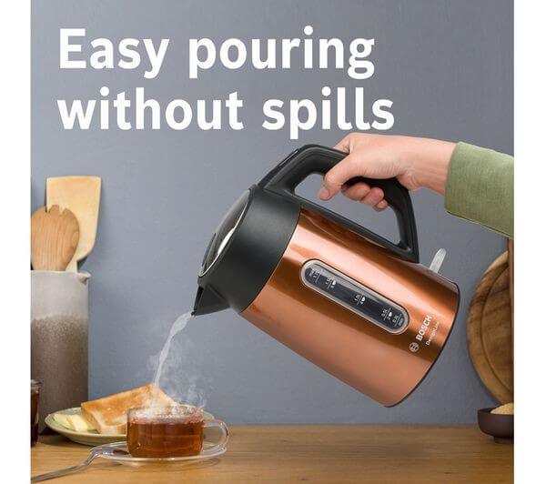 BOSCH DesignLine Plus TWK4P439GB 3000W 1.7L CORDLESS JUG ELECTRIC KETTLE COPPER pouring tea without spills