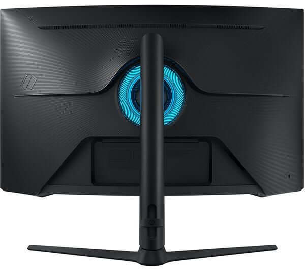 Back view of SAMSUNG ODYSSEY G65B LS32BG650EU curved gaming monitor showcasing RGB lighting and adjustable stand.