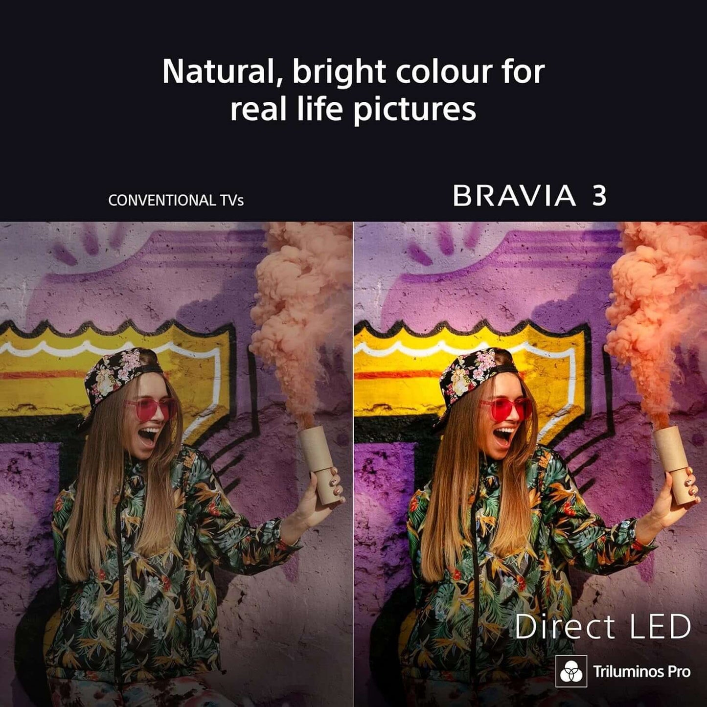 Natural, bright colour for real life pictures showcasing SONY 50" TV BRAVIA 3 SMART 4K ULTRA HD HDR 60HZ LED GOOGLE ASSISTANT K50S35BP.