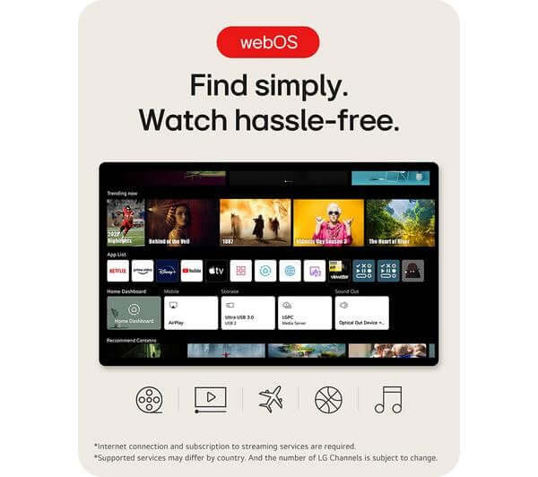 webOS interface showcasing streaming options on LG 27TQ615S 27" SMART FULL HD LED 1080P TV MONITOR WIFI FREESAT FREEVIEW HD HDMI.