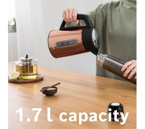 BOSCH DesignLine Plus TWK4P439GB 3000W 1.7L CORDLESS JUG ELECTRIC KETTLE COPPER pouring hot water