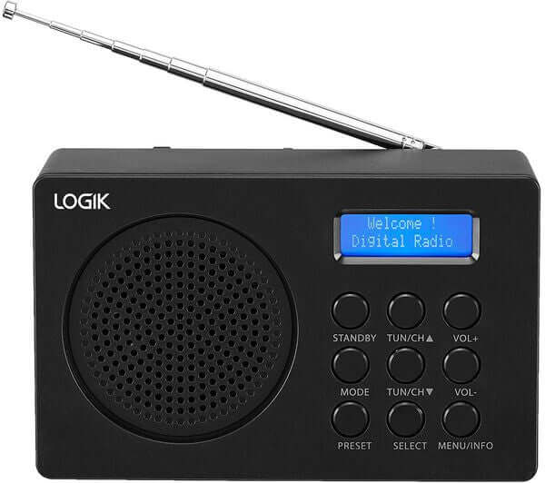 LOGIK L2DAB23 portable DAB+ FM radio in black with LCD display and retractable antenna.