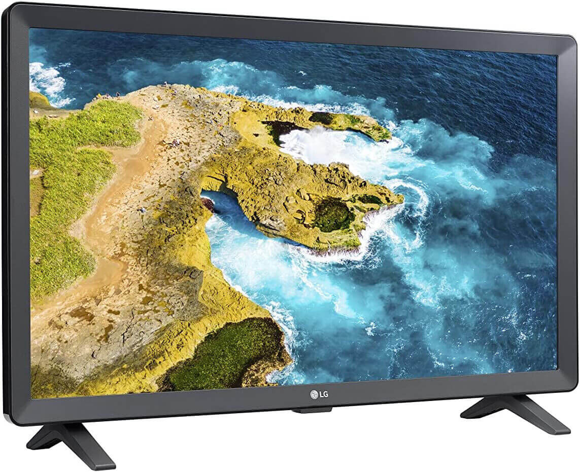 LG 24TQ520S 24" SMART LED TV Monitor displaying vibrant landscape image, featuring built-in speakers, HDMI, USB, and WiFi connectivity.