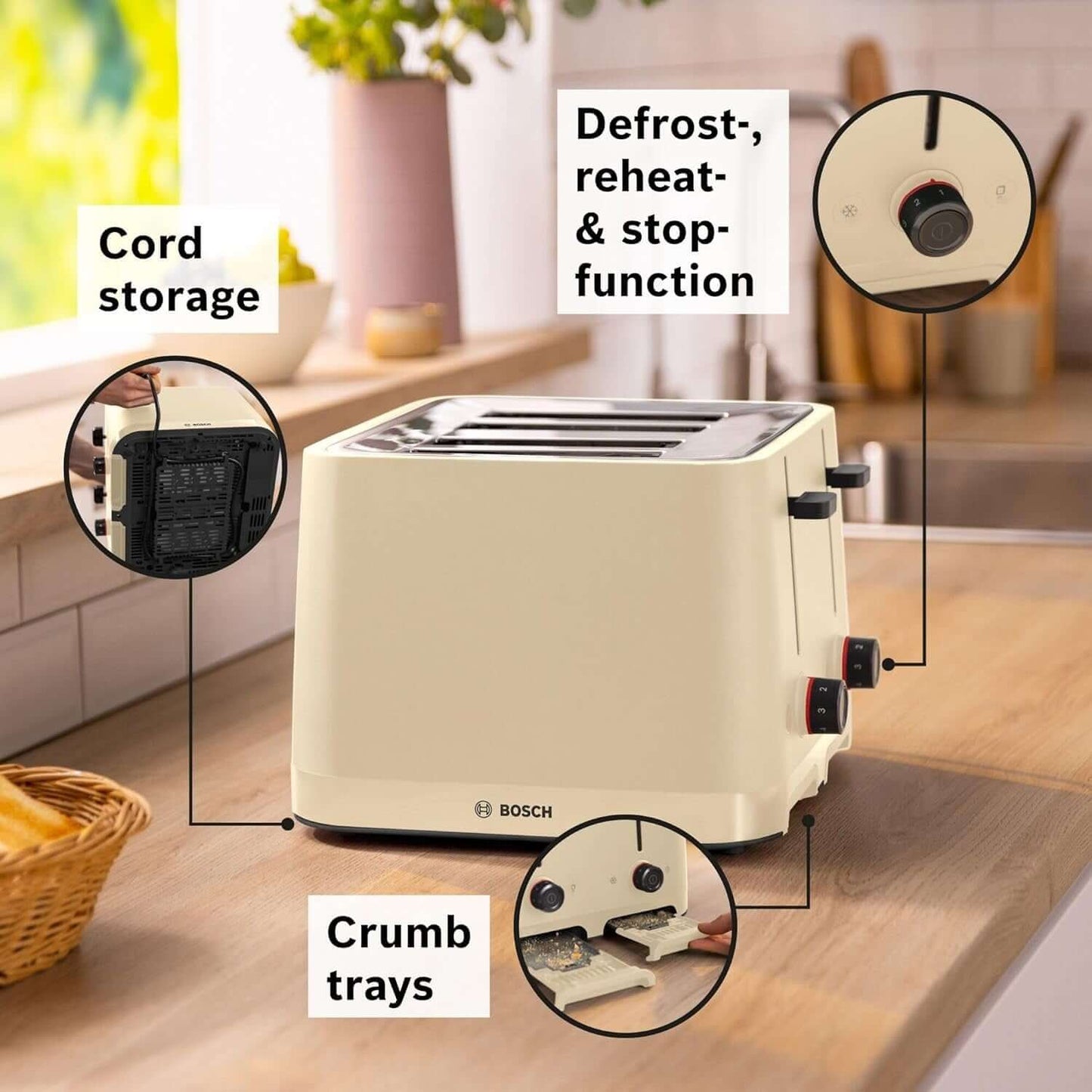 BOSCH MyMoment TAT3M147GB 1900W 4 SLICE TOASTER DEFROST/REHEAT FUNCTION BEIGE features cord storage, crumb trays.