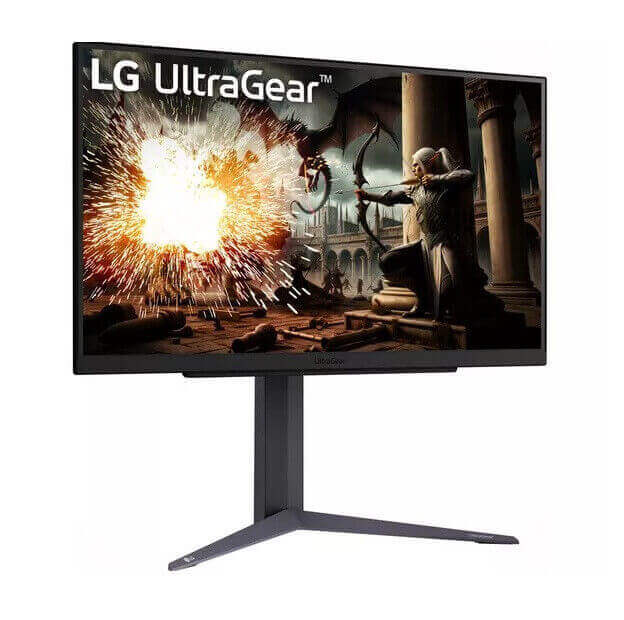 LG UltraGear 27" Quad HD gaming monitor displaying action-packed game scene on a sleek dark grey stand.