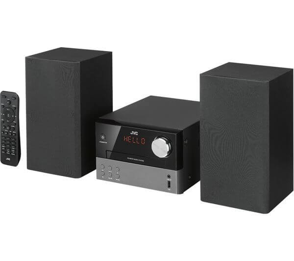 JVC Bluetooth Hi-Fi stereo system with speaker units and remote control for seamless music streaming