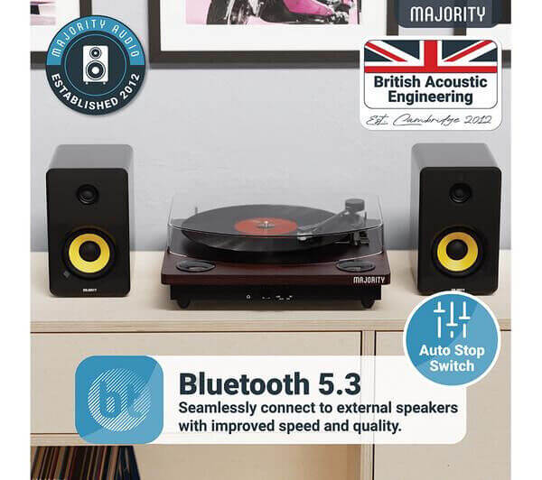 MAJORITY MOTO VINYL BLUETOOTH TURNTABLE RECORD PLAYER DIRECT DRIVE USB WALNUT