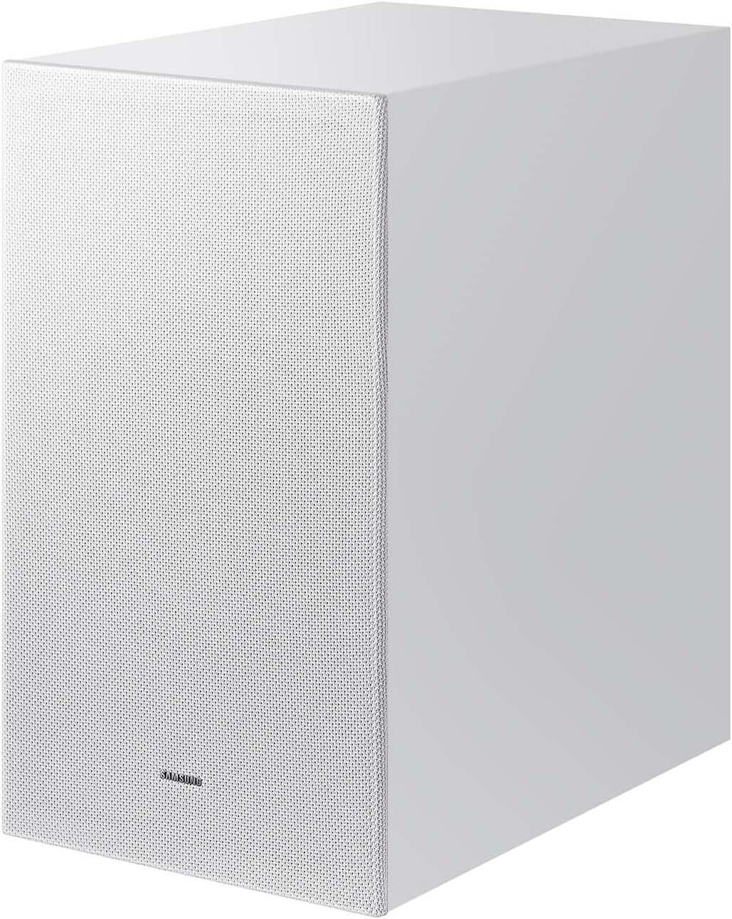 SAMSUNG HW-S701D wireless soundbar subwoofer in white, designed for Dolby Atmos and DTS Virtual:X technology.