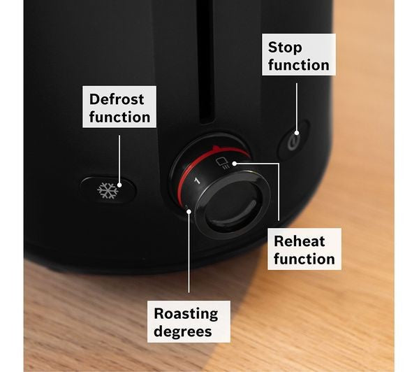 BOSCH MyMoments DELIGHT TAT2M123GB 950W 2 SLICE TOASTER DEFROST FUNCTION BLACK
