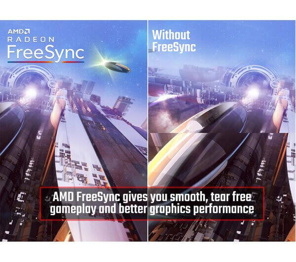 Comparison of gaming performance with AMD FreeSync vs. without FreeSync highlighting smooth gameplay.