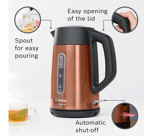 BOSCH DesignLine Plus TWK4P439GB 3000W 1.7L CORDLESS JUG ELECTRIC KETTLE COPPER features like easy lid opening and automatic shut-off.