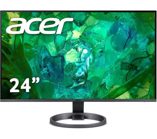 Acer 24-inch IPS LCD monitor showcasing vibrant colors on a green abstract background.