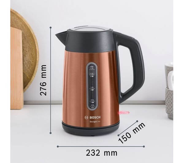 BOSCH DesignLine Plus TWK4P439GB 3000W 1.7L CORDLESS JUG ELECTRIC KETTLE COPPER with dimensions on a kitchen counter.