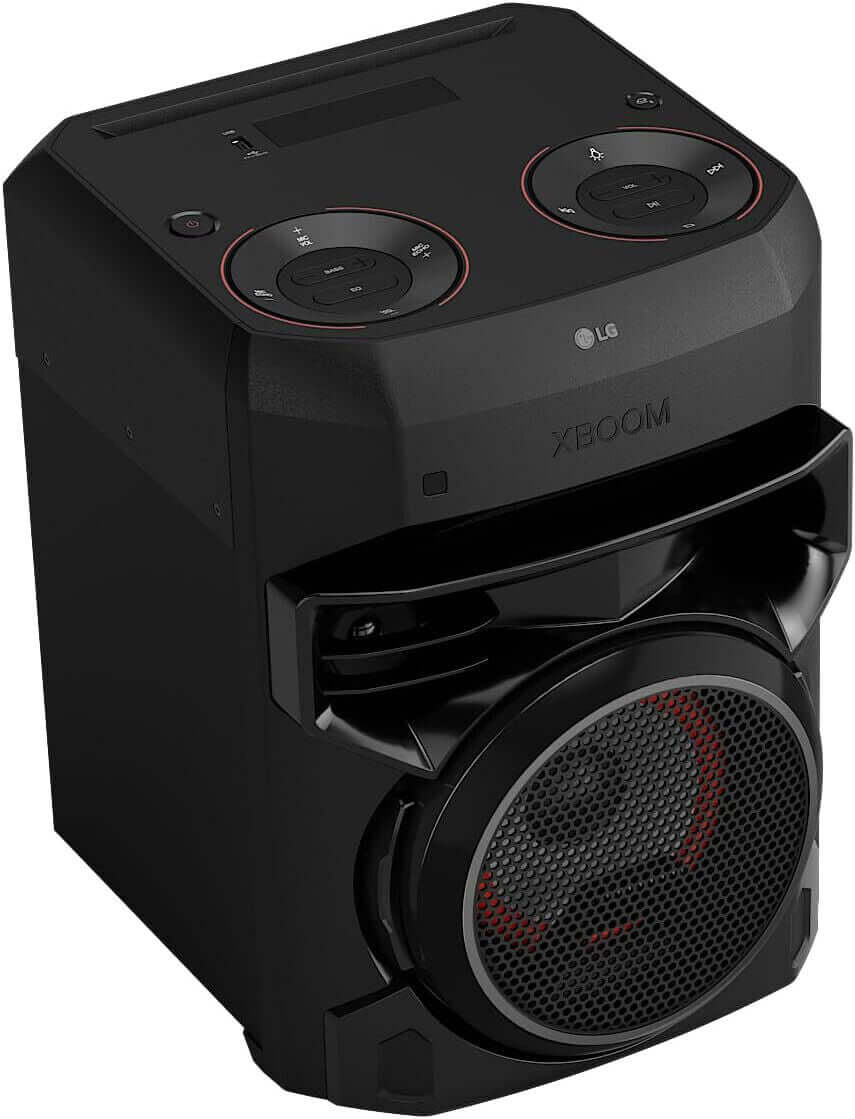 LG XBOOM RNC2 Bluetooth Megasound Party Speaker with LED lights and 6.5" Bass Blast woofer in black.