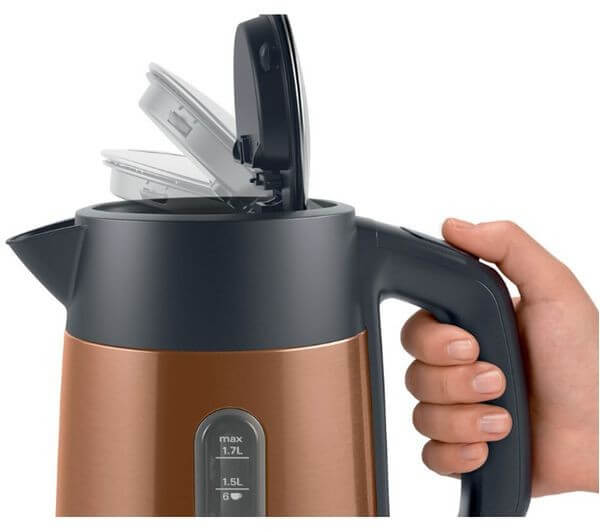 BOSCH DesignLine Plus TWK4P439GB 3000W 1.7L CORDLESS JUG ELECTRIC KETTLE COPPER with lid open