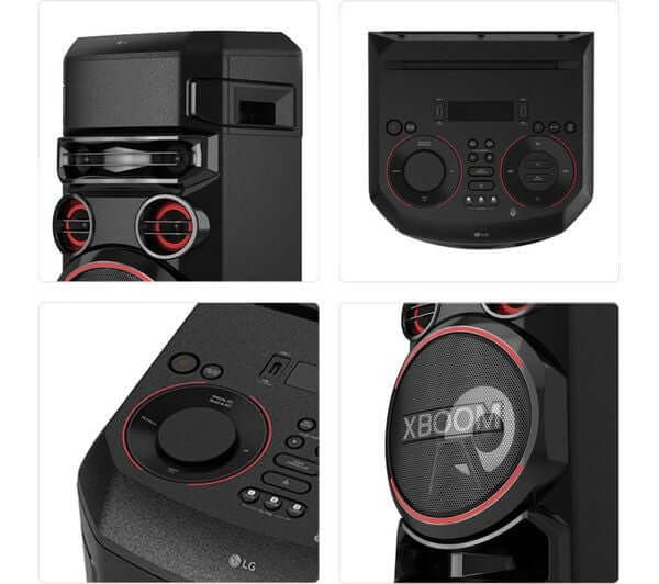 LG XBOOM RNC7 700W BLUETOOTH MEGASOUND PARTY SPEAKER DAB+ LED LIGHTS OPTICAL USB close-up images showing speaker details.