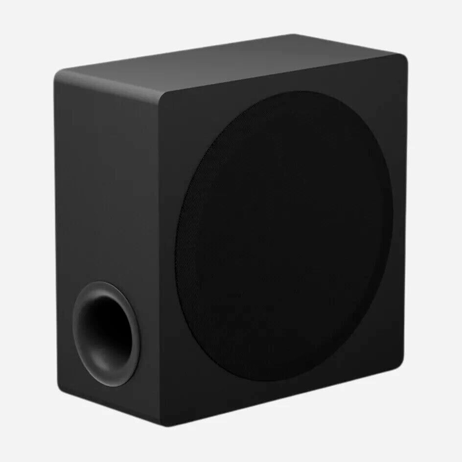 LG US90TY wireless subwoofer in black, designed for immersive 5.1.3 surround sound with Dolby Atmos and DTS:X compatibility.