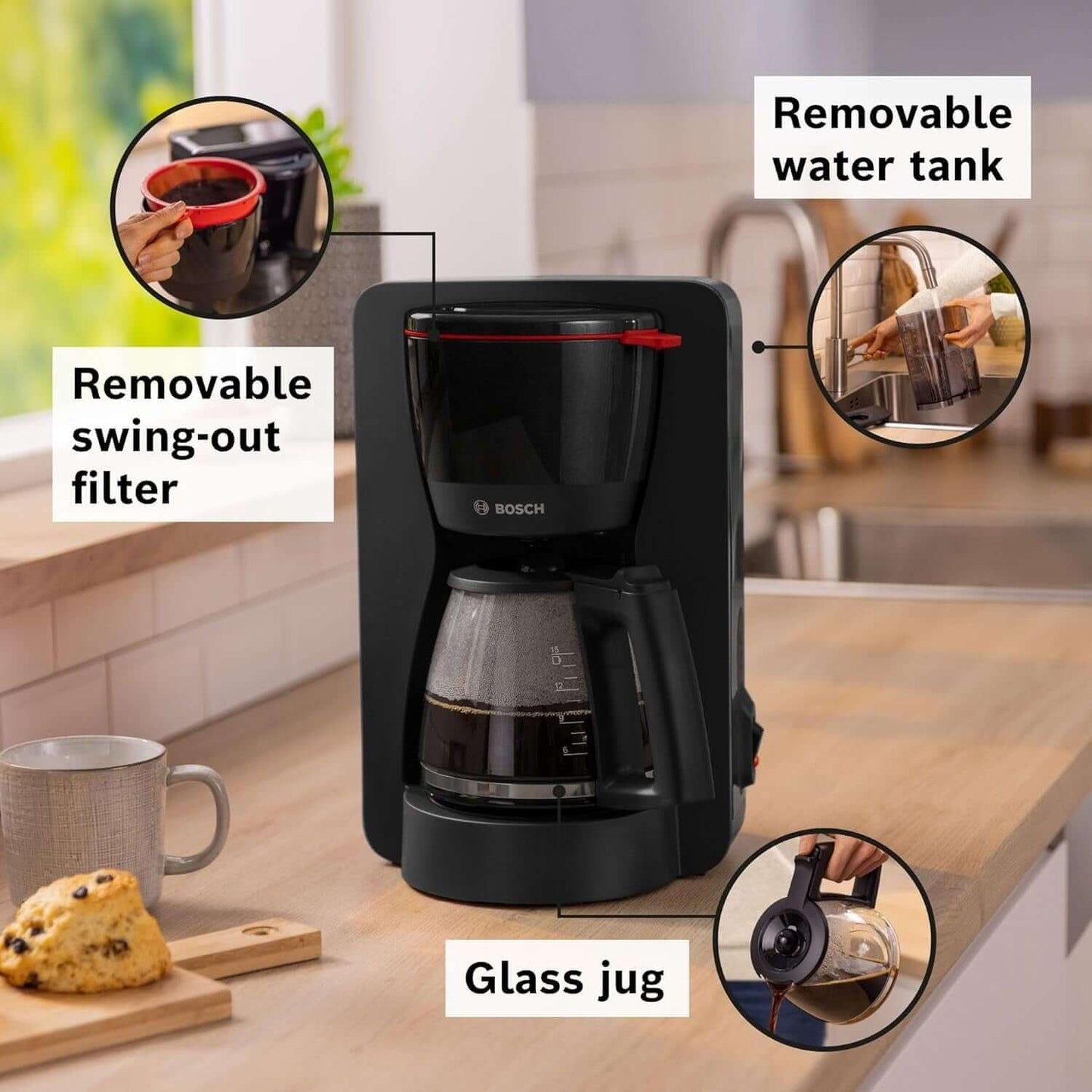 BOSCH MyMoment TKA2M113GB FILTER GROUND COFFEE MACHINE 10 CUP CAPACITY BLACK with removable features.