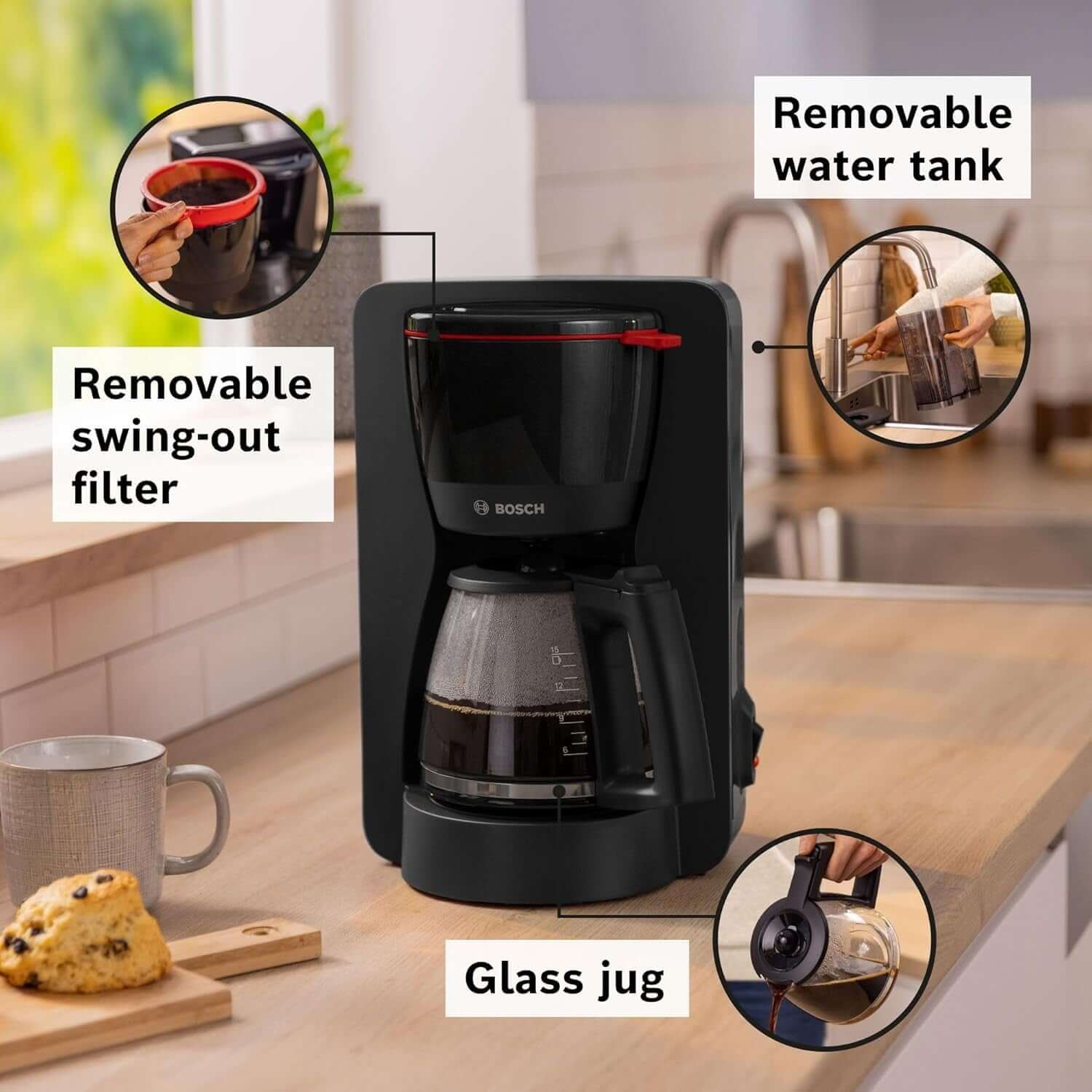 BOSCH MyMoment TKA2M113GB FILTER GROUND COFFEE MACHINE 10 CUP CAPACITY BLACK with removable features.