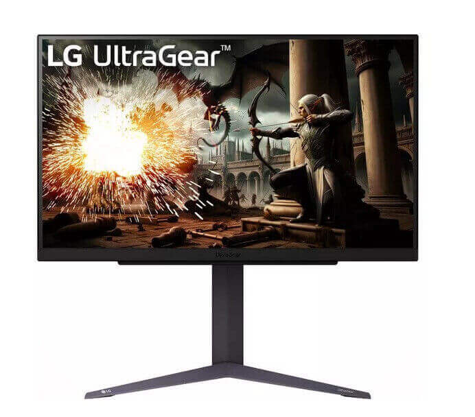 LG UltraGear 27GS75Q Quad HD 27" Gaming Monitor displaying action-packed game scene with vivid colors and high contrast.