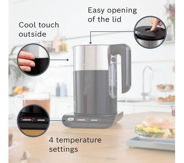 BOSCH Styline TWK8633GB 3000W 1.5L CORDLESS JUG STAINLESS STEEL KETTLE BLACK with easy lid opening and cool touch design.