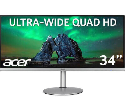 Acer 34-inch Ultra-Wide Quad HD IPS LCD monitor featuring stunning visuals and sleek silver design.