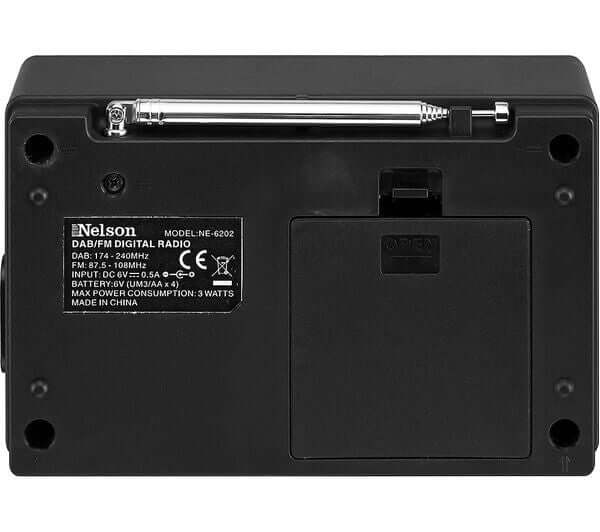 Back view of Nelson DAB/FM digital radio, featuring antenna and battery compartment.