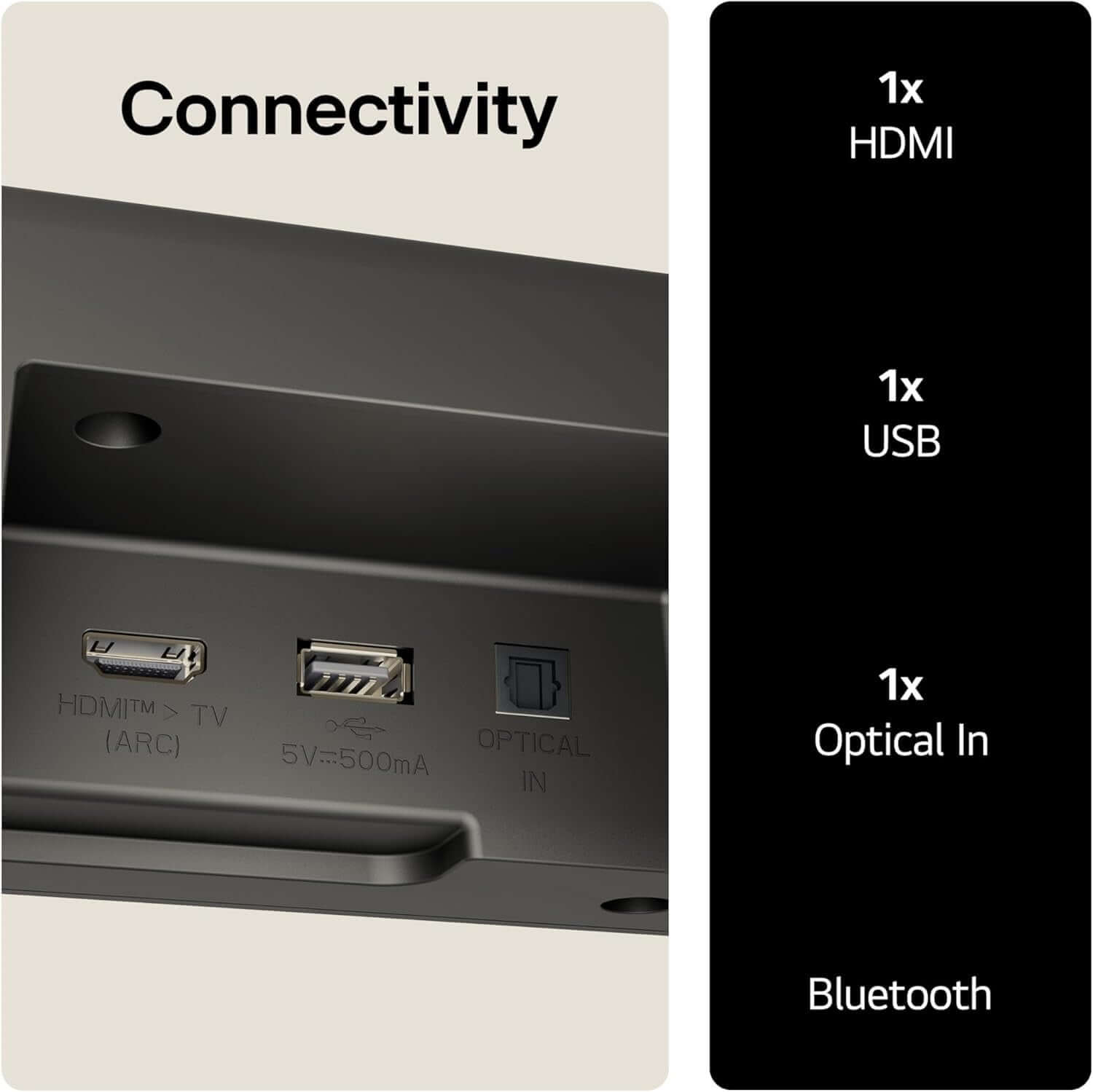 Connectivity ports of LG SOUNDBAR US40T 2.1 300W WIRELESS SUBWOOFER BLUETOOTH 5.3 HDMI including HDMI, USB, and Optical In.