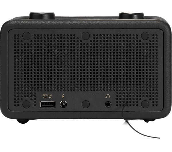 Back view of ROBERTS Revival Rest DAB+ FM Bluetooth clock radio showing connectivity ports and speaker design.