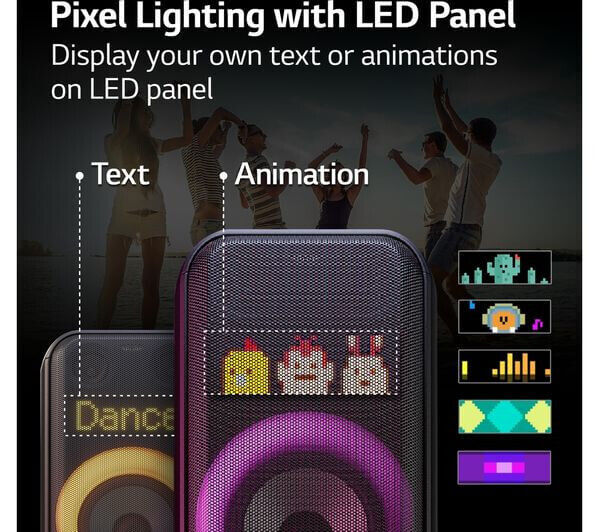 Pixel lighting feature on LG XBOOM speaker showing customizable text and animations on LED panel during a party.