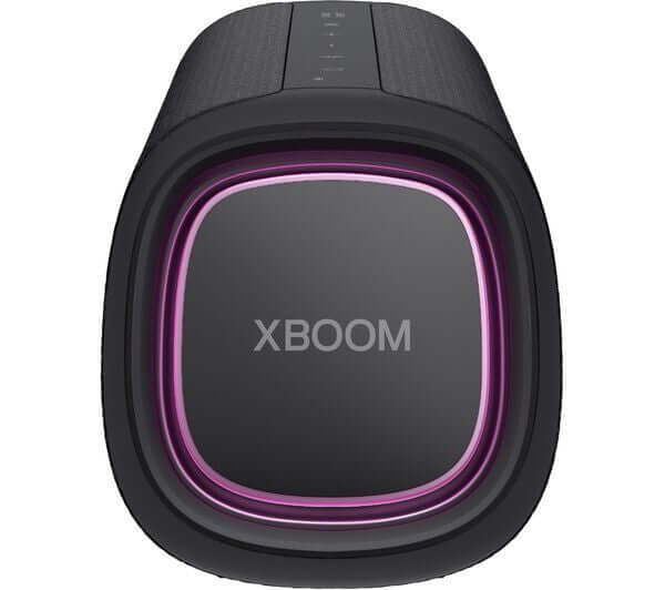 LG XBOOM GO XG5 20W WIRELESS BLUETOOTH SPEAKER BLACK WATERPROOF IP67 XG5QBK top view with customizable RGB lighting