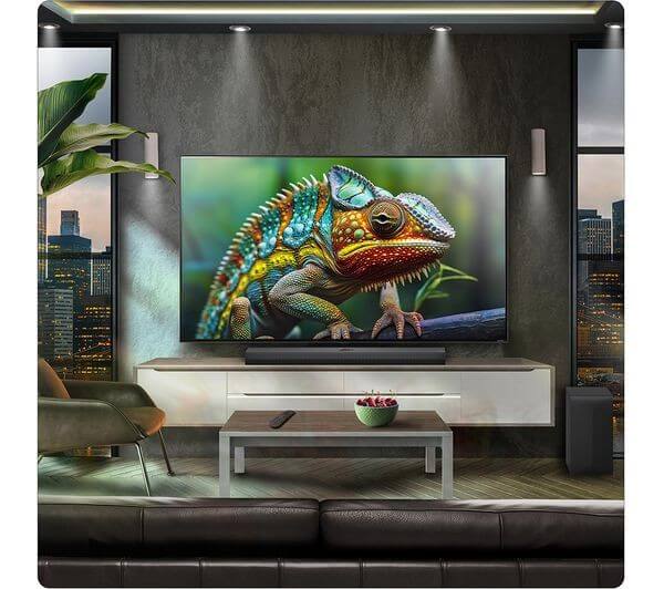 LG SOUNDBAR HOME CINEMA 5.1.1 WIRELESS SUBWOOFER 4K 500W DOLBY ATMOS HDMI US70TR in a modern living room setup.