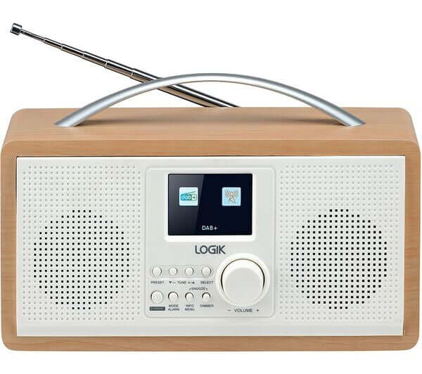 LOGIK L45DABW23 PORTABLE DAB+ FM RADIO MAINS OR BATTERY WHITE & BROWN 2.4" TFT with LCD display and controls.