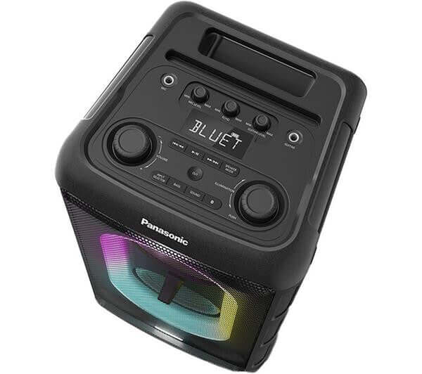 PANASONIC SC-BMAX10 BLUETOOTH 5.0 MEGASOUND PARTY LIGHTS SPEAKER BLACK 150W NEW top view showcasing controls and LED lights.