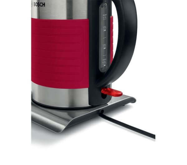 BOSCH Silicone TWK7S04GB 3000W 1.7L CORDLESS JUG STAINLESS STEEL KETTLE RED close-up view with handle and base features