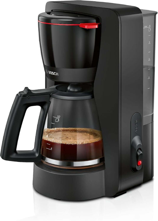 BOSCH MyMoment TKA2M113GB FILTER GROUND COFFEE MACHINE 10 CUP CAPACITY BLACK with coffee brewing in the glass jug.