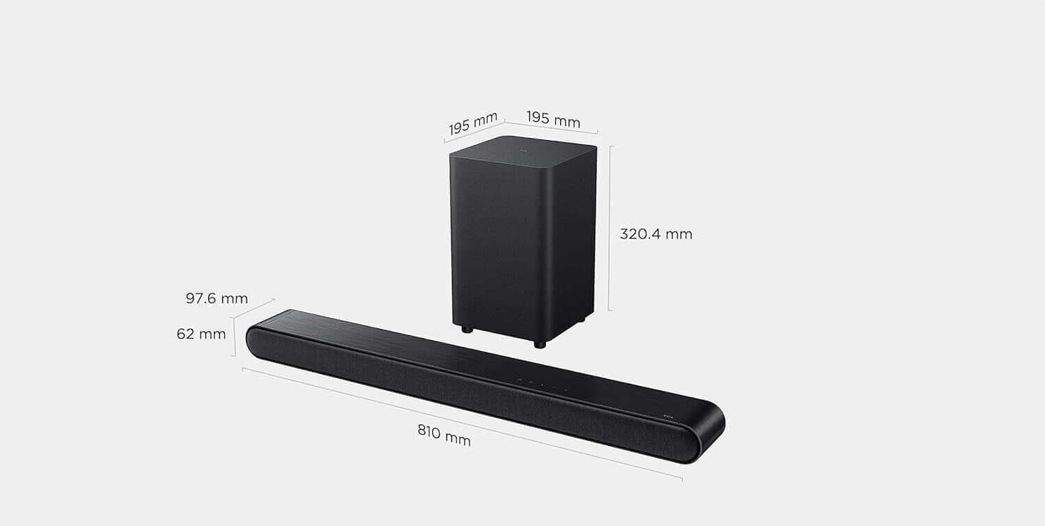 TCL S643WK 3.1 WIRELESS 240W HOME CINEMA SOUNDBAR SUBWOOFER DTS Virtual:X HDMI dimensions displayed.