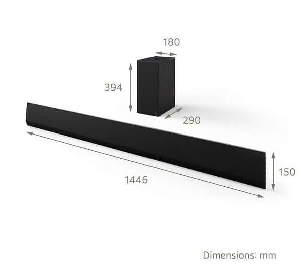 LG USG10TY SOUNDBAR HOME CINEMA 3.1 WIRELESS SUBWOOFER 4K DOLBY ATMOS dimensions illustration