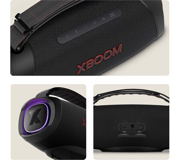 LG XBOOM Go XG8 Bluetooth speaker in black, showcasing controls, handle, and side design features.