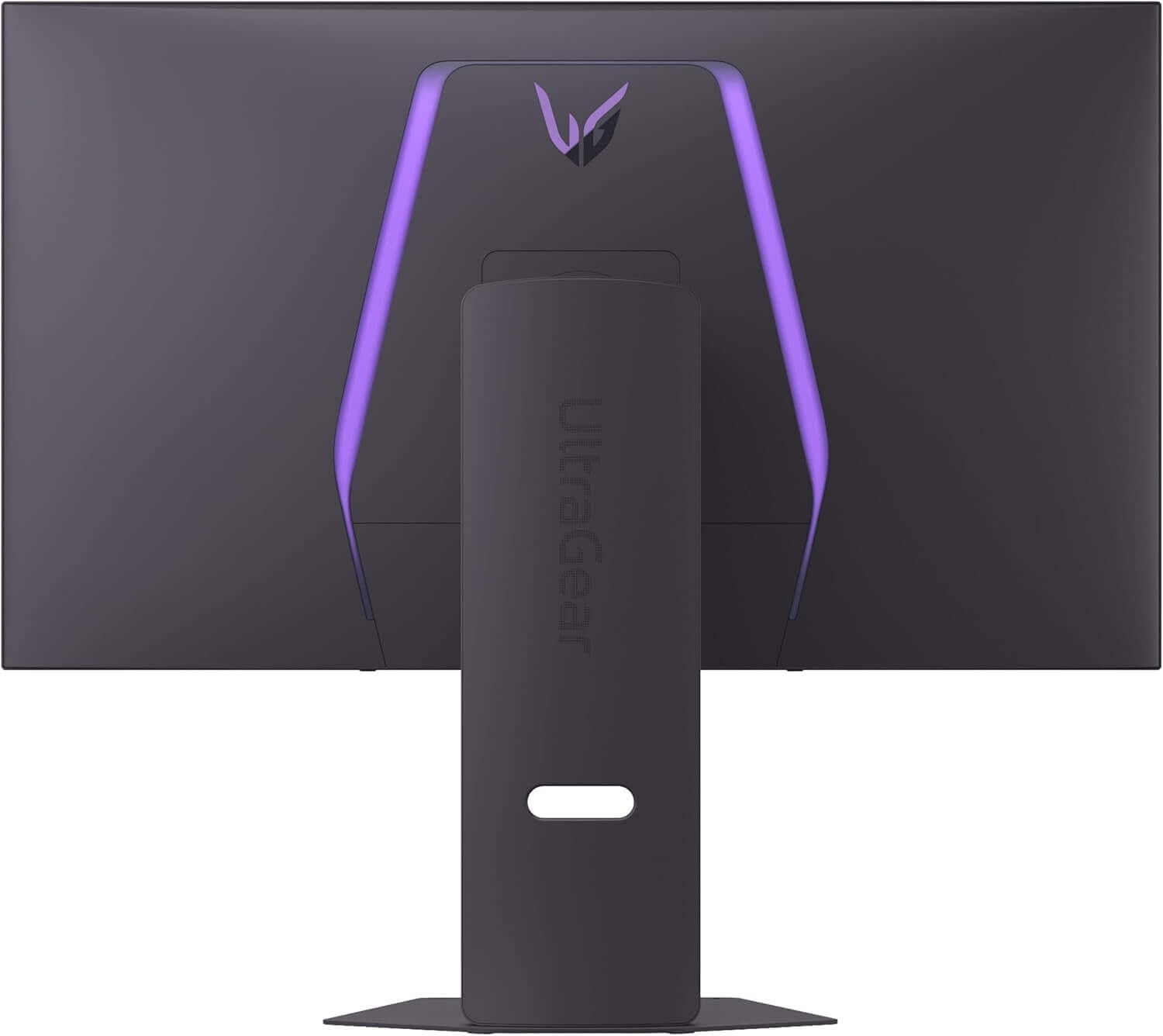 Back view of LG 32 inch OLED gaming monitor with adjustable stand and purple LED accents.