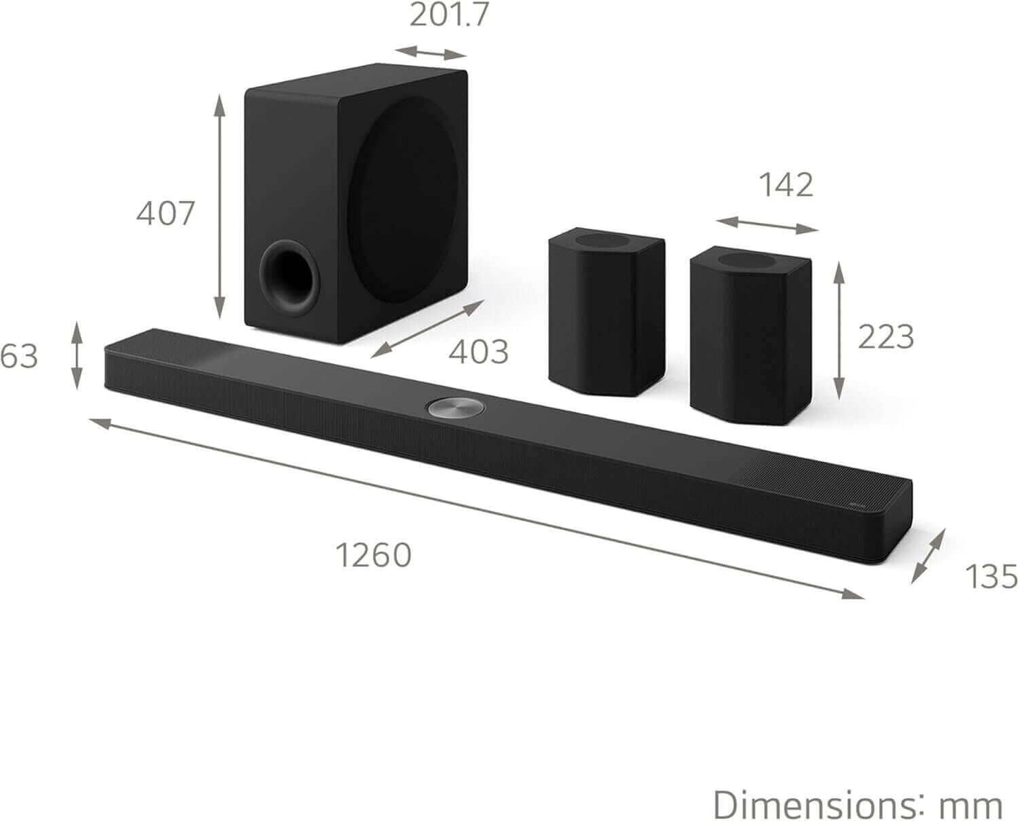 LG US95TR 9.1.5 wireless soundbar system with dimensions, featuring subwoofer and rear speakers, Dolby Atmos support.