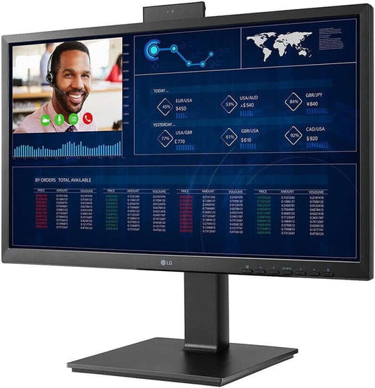 LG 24CQ650N-6N 24" ALL-IN-ONE THIN CLIENT MONITOR 1080P PENTIUM N5105 4GB DDR4 displaying video call and data analysis.