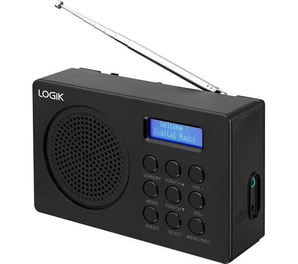 LOGIK L2DAB23 portable DAB+ FM radio with LCD display, 60 presets, black design and extendable antenna.