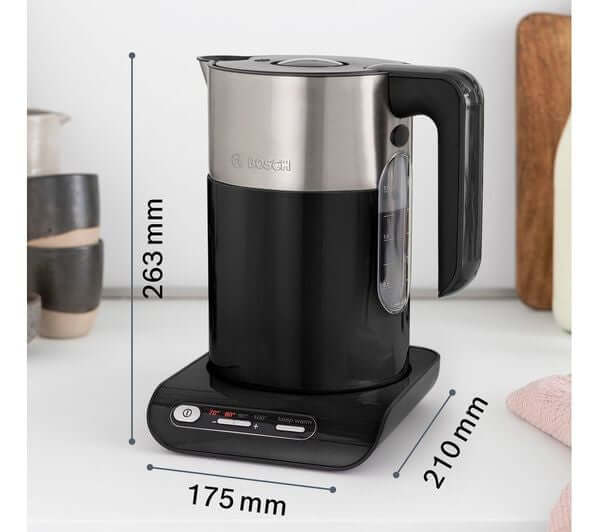 BOSCH Styline TWK8633GB 3000W 1.5L CORDLESS JUG STAINLESS STEEL KETTLE BLACK dimensions image with height, width, and base measurements.